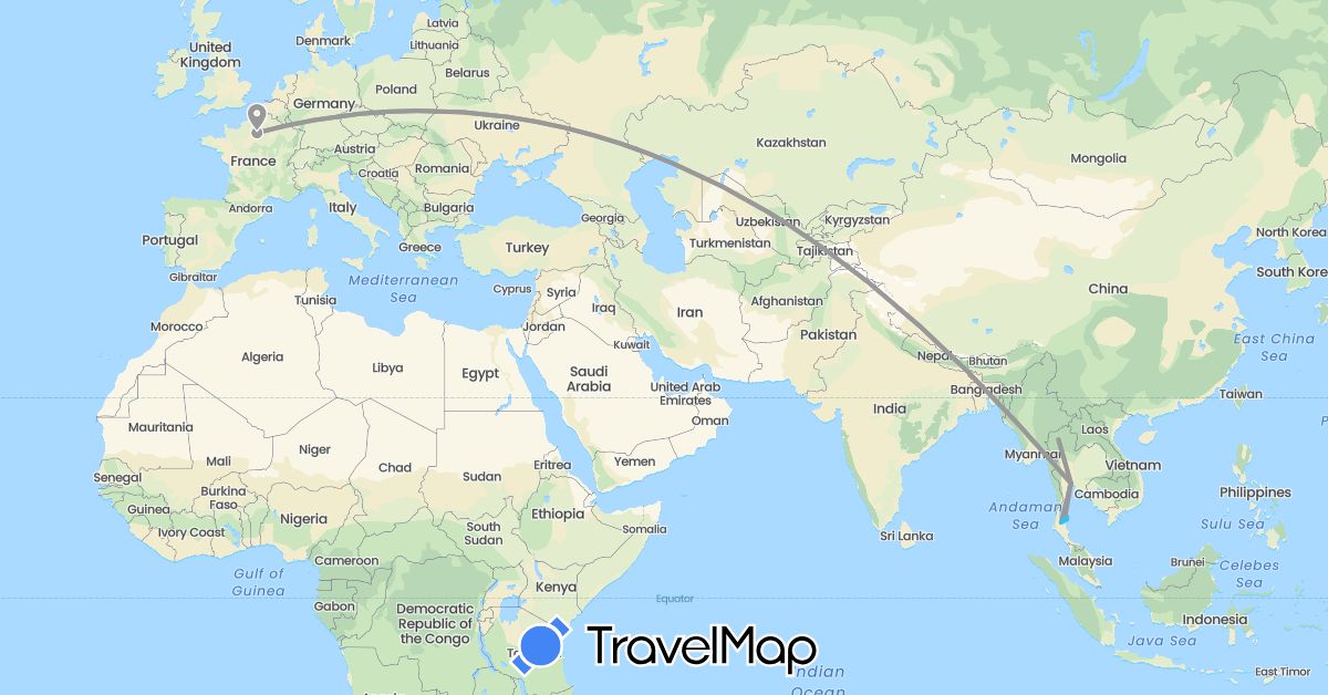 TravelMap itinerary: driving, plane, boat in France, Thailand (Asia, Europe)